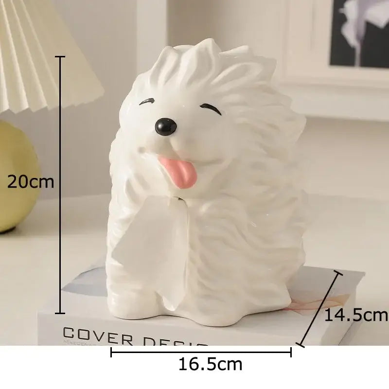 Cute white ceramic poodle cartoon puppy tissue box with black eyes and pink tongue for bedroom decorbites cartoon puppy decor