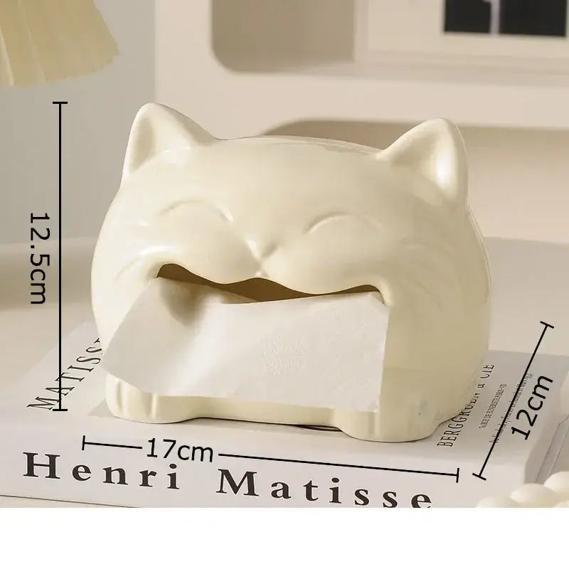 Cream-colored ceramic tissue box shaped like a smiling cat with closed eyes for decorbites cartoon puppy tissue decor