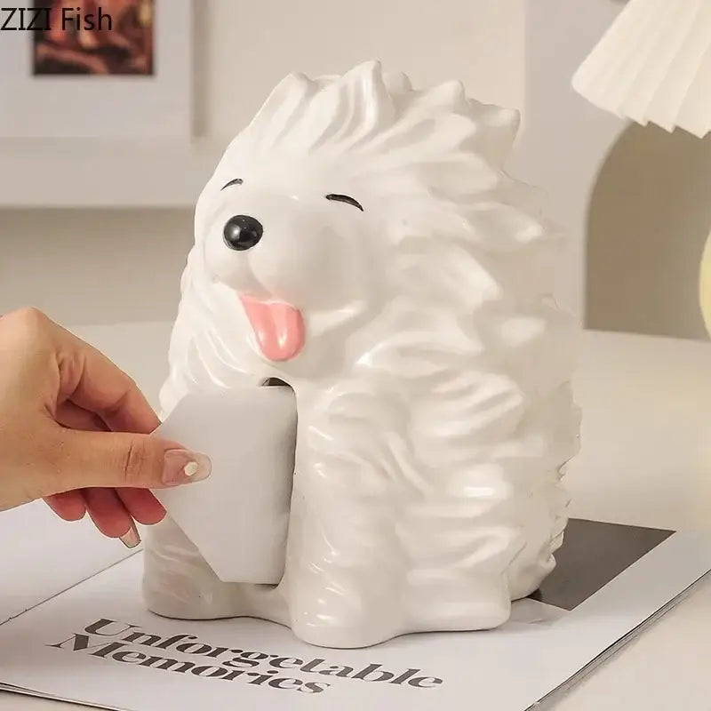 Cute white ceramic poodle cartoon puppy tissue box with fluffy texture black eyes and pink tongue for bedroom decorbites decor