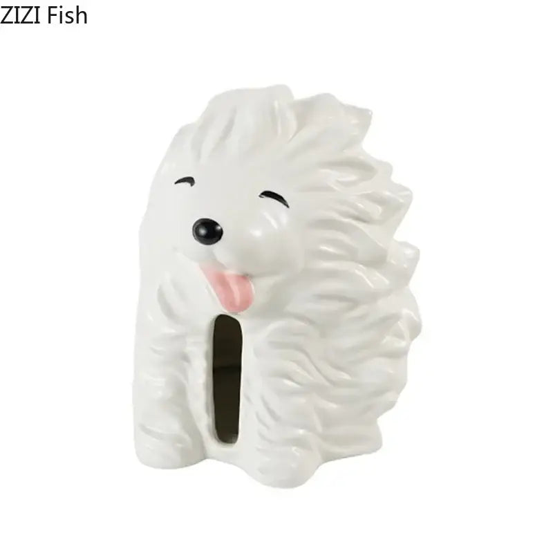 White ceramic fluffy cartoon puppy tissue box with smiling dog design for bedroom decor by decorbites cartoon puppy