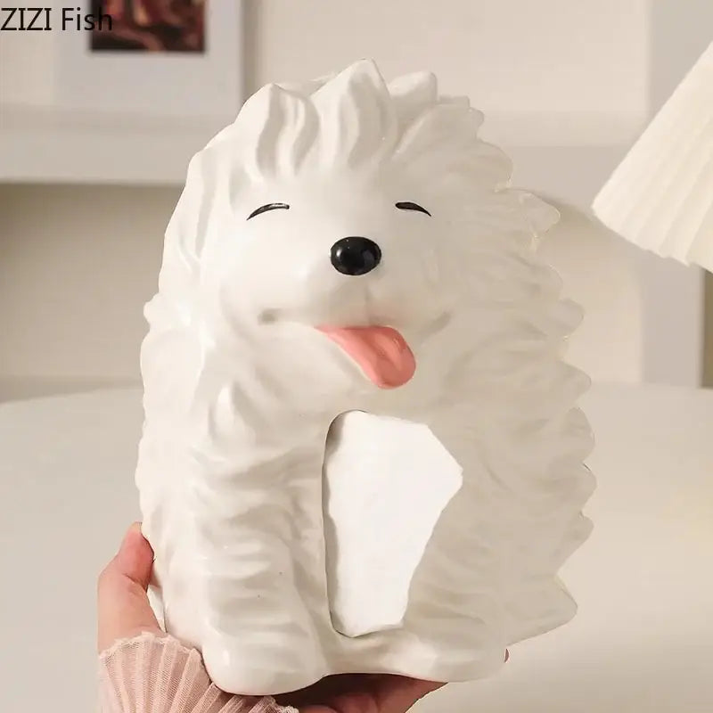 Cute white ceramic hedgehog tissue box with black nose and pink tongue for decorbites cartoon puppy tissue bedroom decor
