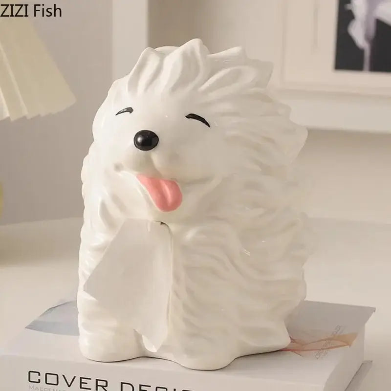 Cute white ceramic tissue box shaped like a fluffy cartoon puppy with black eyes and pink tongue for decorbites decorbites cartoon puppy tissue