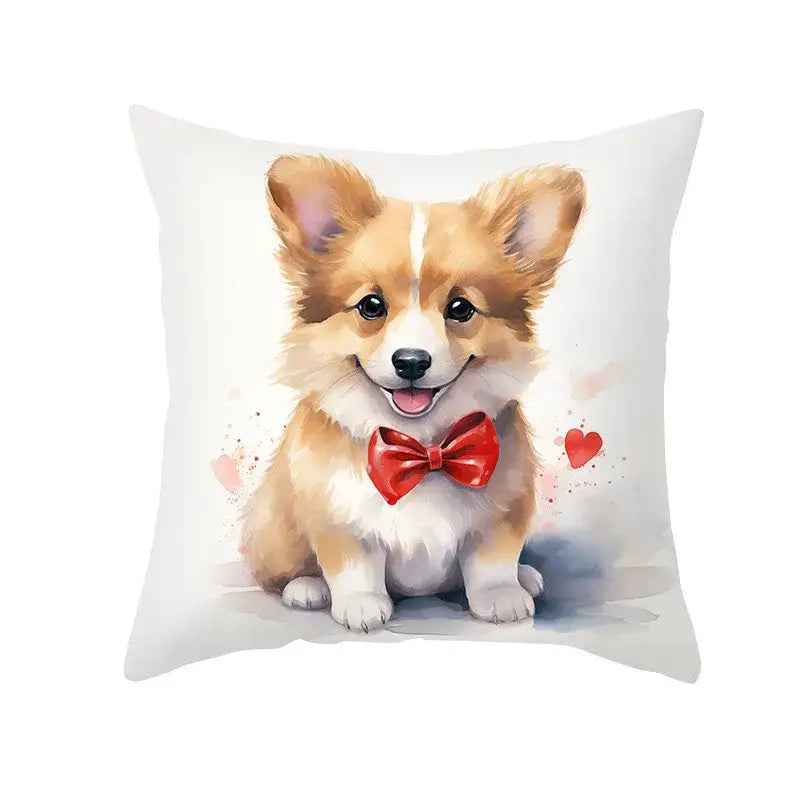White throw pillow cushion cover with tan and white corgi dog print wearing red bow tie decorbites cute pet decor