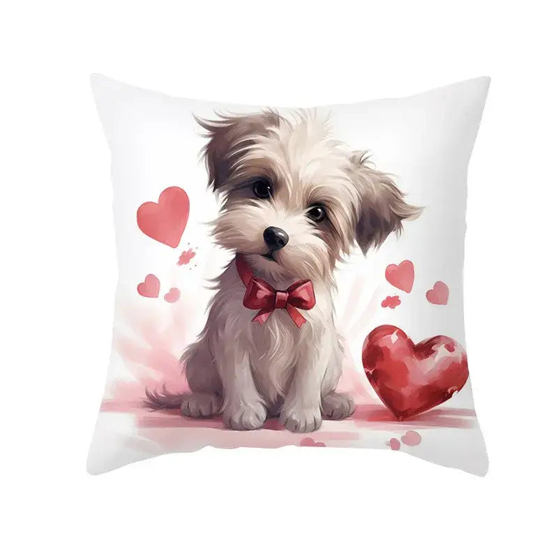 White throw pillow cushion cover with dog print of fluffy puppy and pink hearts by decorbites cute pet decor