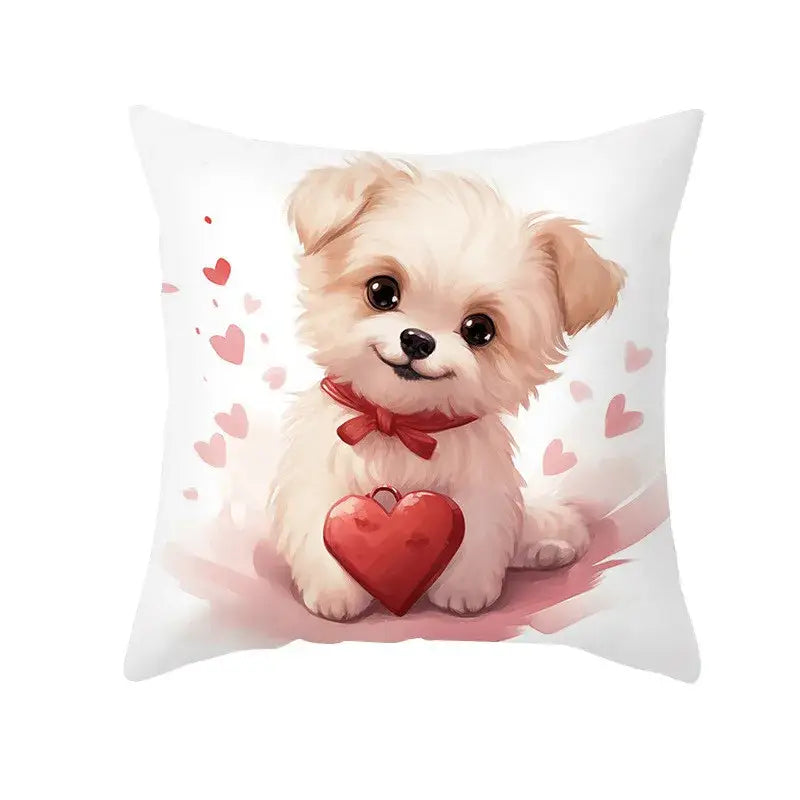 White throw pillow cushion cover with cream dog print holding red heart surrounded by pink hearts decorbites cute pet decor