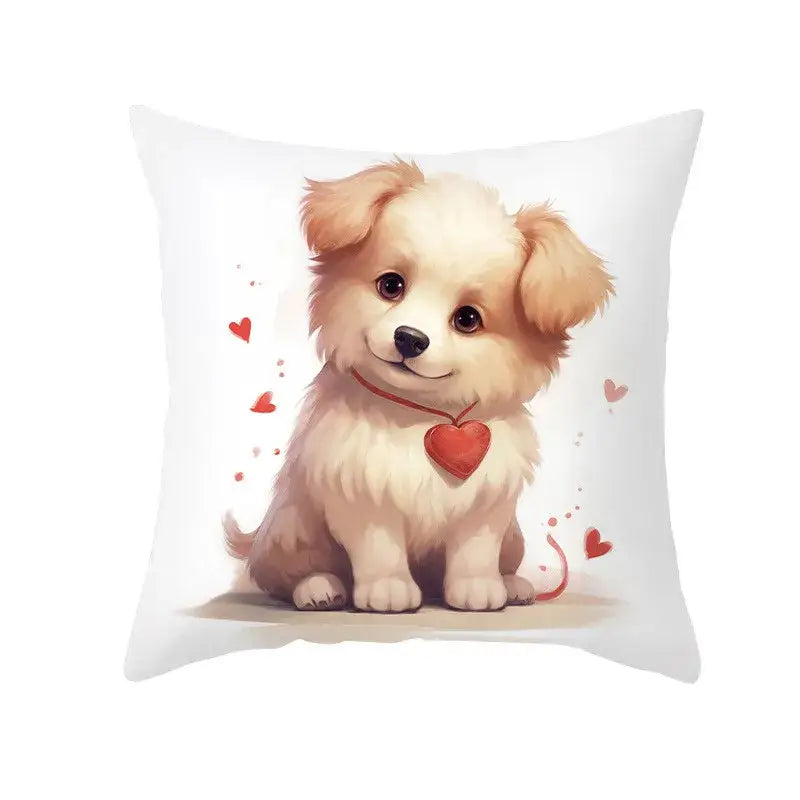 White throw pillow cushion cover with a dog print of a fluffy light brown puppy and red heart pendant for decorbites cute pet decor