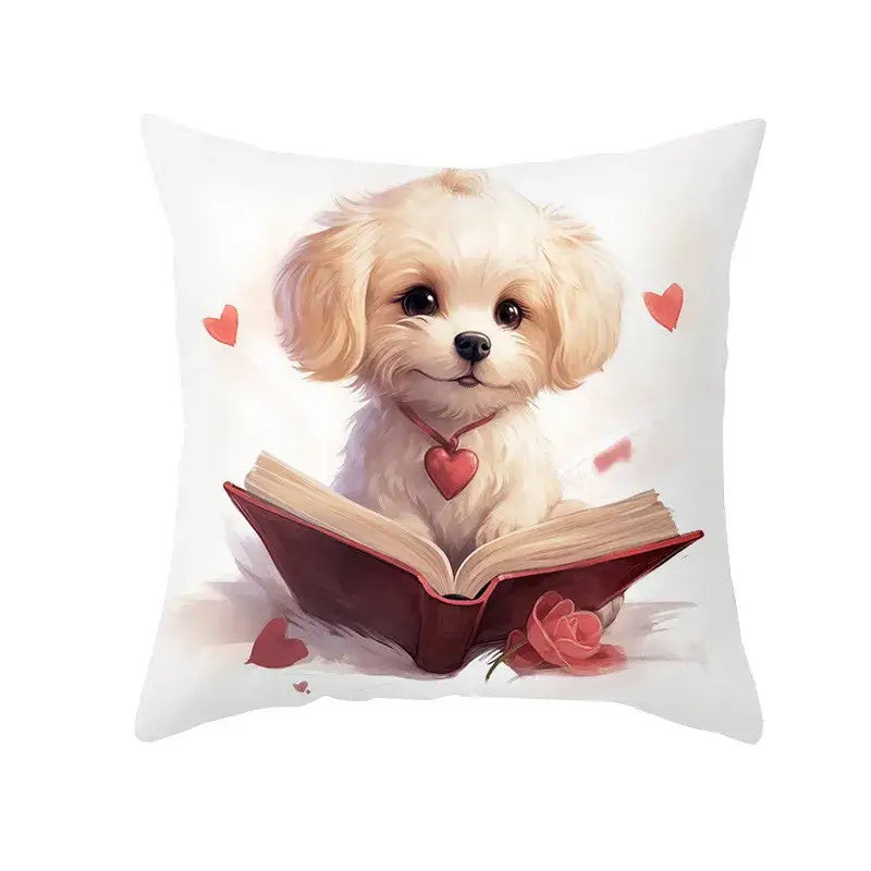 White throw pillow cushion cover with cream dog print sitting on red book wearing heart pendant decorbites cute pet decor