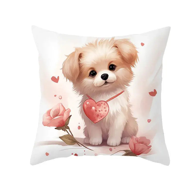 White throw pillow cushion cover with dog print of tan puppy heart pendant pink roses decorbites cute pet decor