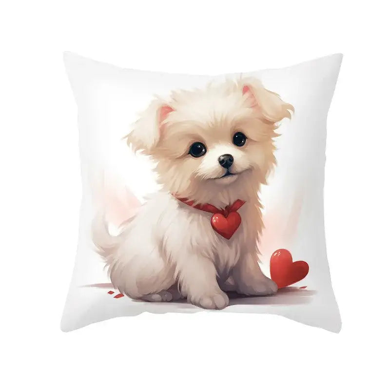 White throw pillow cushion cover with dog print featuring fluffy white puppy and red heart for decorbites cute pet decor