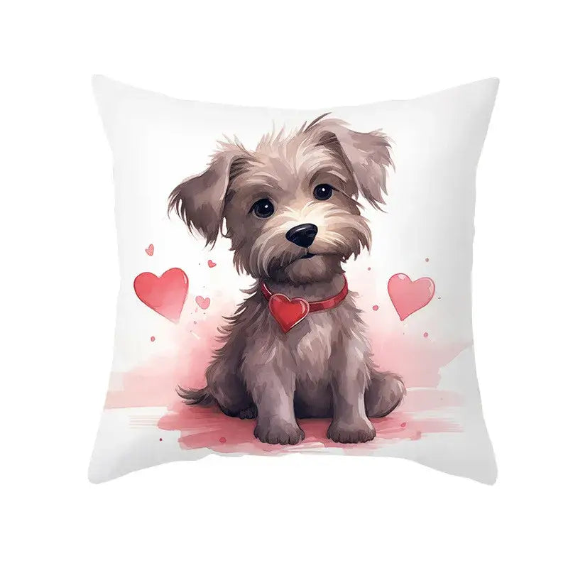 White throw pillow cushion cover with dog print of fluffy brown puppy and pink hearts by decorbites cute pet decor