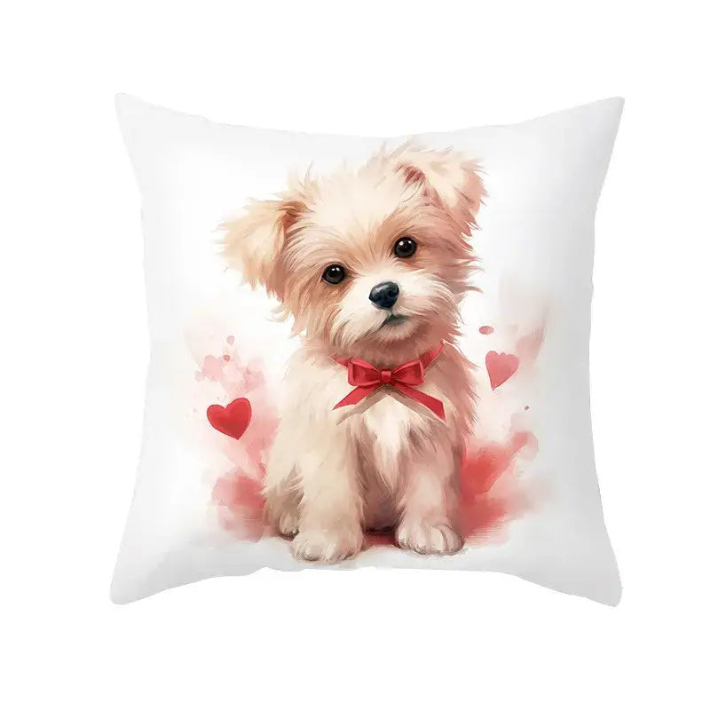 White throw pillow cushion cover featuring cream dog print with red bow tie and pink hearts for decorbites cute pet decor