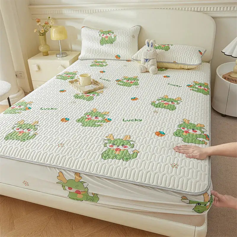 White quilted fitted sheet with green cartoon dragon and lucky design featuring cute cartoon pattern cooling fabric