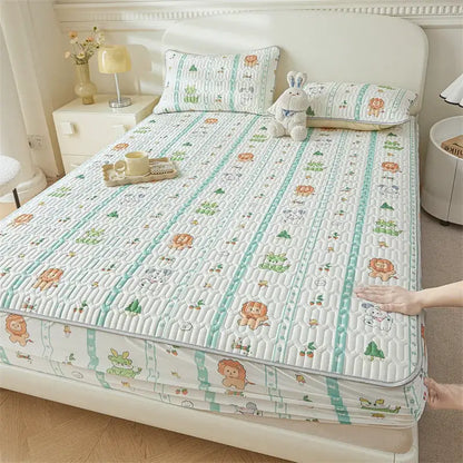 White quilted fitted sheet with mint green stripes and cute cartoon pattern cooling design for bedroom use