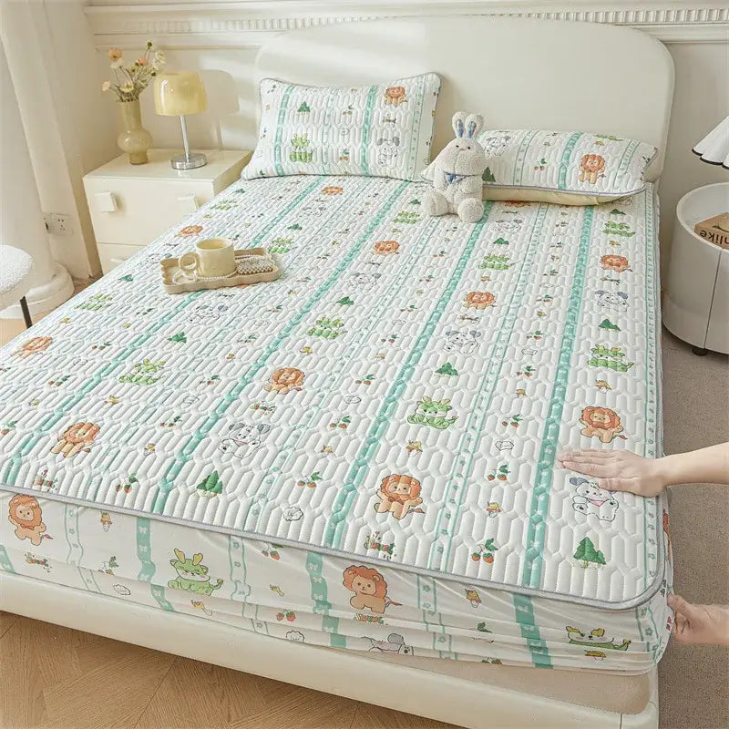 White quilted fitted sheet with mint green stripes and cute cartoon pattern cooling design for bedroom use