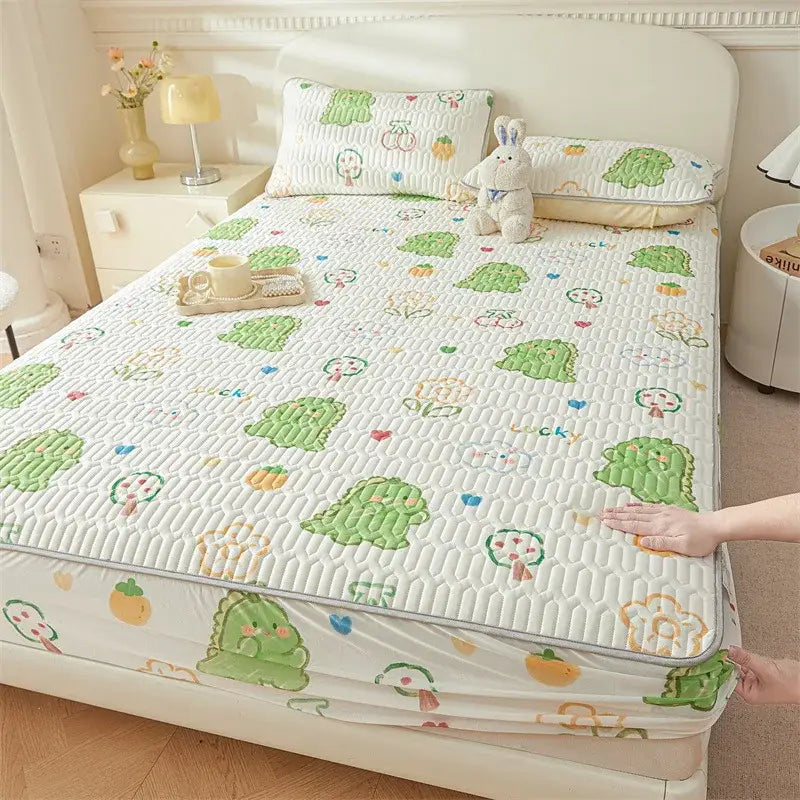 White quilted fitted sheet with cute green cartoon tree and fruit pattern cooling soft textured surface
