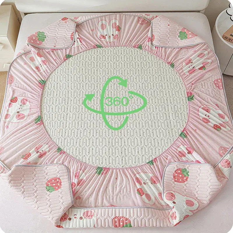 Cute white floral cartoon pattern quilted cooling fitted sheet with pink strawberry and bunny design and green 360° logo