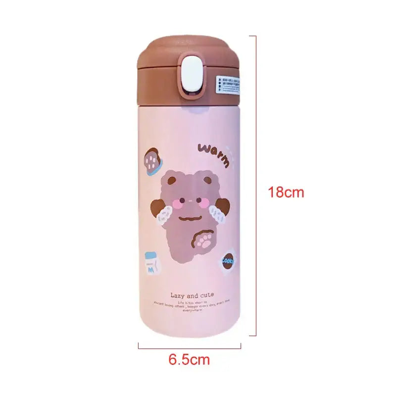 Pink stainless steel vacuum flask straw cup with brown lid and bear illustration featuring warm and lazy and cute text