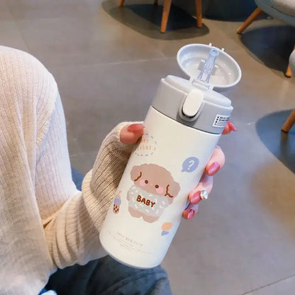 White insulated stainless steel straw cup vacuum flask with gray lid and cartoon dog design featuring the word baby