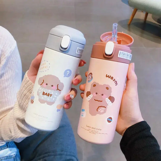 Two cute white and pink stainless steel vacuum flask straw cups with matching lids and cartoon bear designs