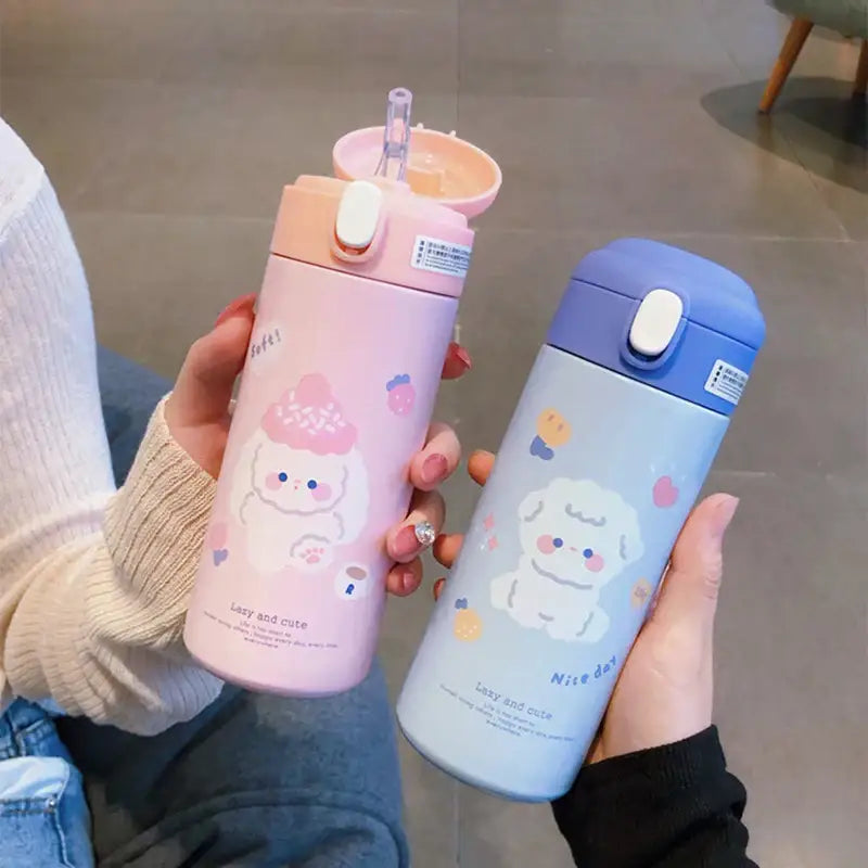 Cute white and pink stainless steel vacuum flask straw cup with pastel pink and blue insulated dog design bottles