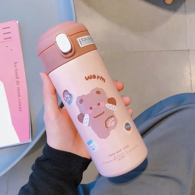 Pink insulated stainless steel vacuum flask straw cup with cartoon bear and warm lazy and cute design