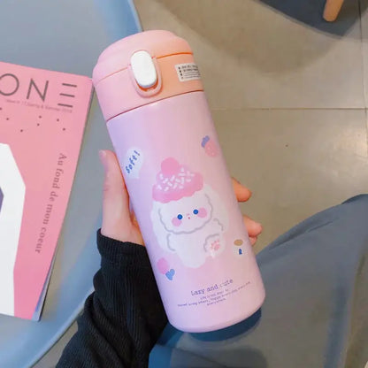 Pink insulated stainless steel vacuum flask straw cup with cartoon puppy and strawberry design and matching lid