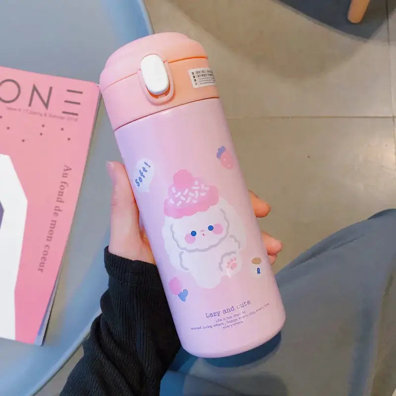 Pink insulated stainless steel vacuum flask straw cup with cartoon puppy and strawberry design and matching lid