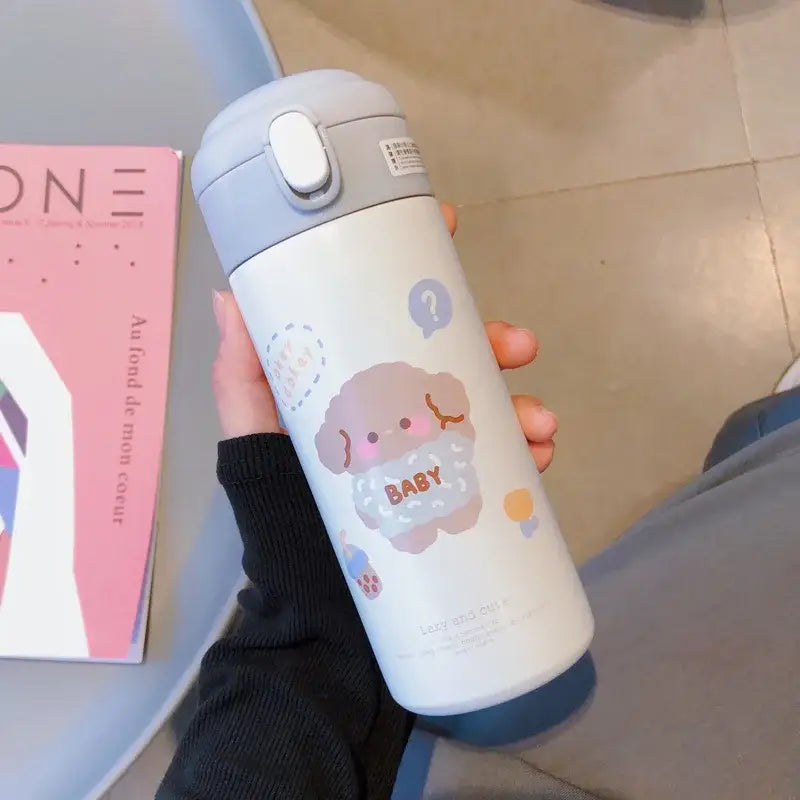Cute white stainless steel vacuum flask straw cup with gray lid and cartoon puppy design labeled baby