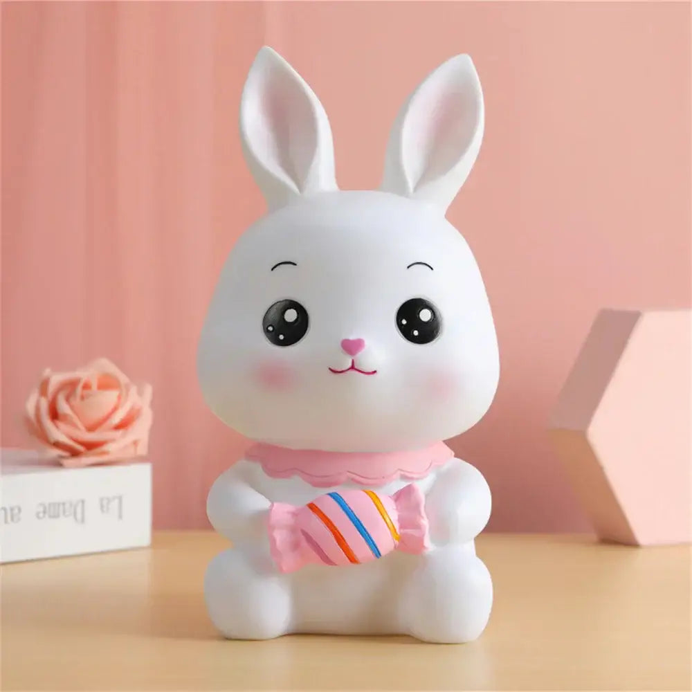 Cute white ceramic bunny piggy bank money box with pink scarf and striped candy decorbites bunny piggy for kids room