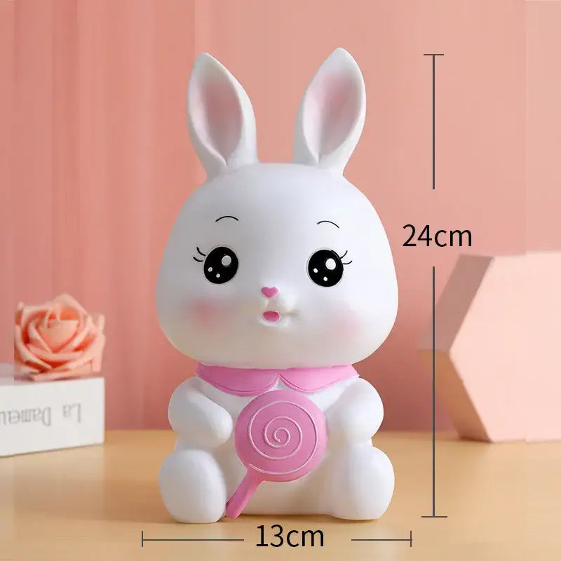 Cute white ceramic bunny piggy bank with pink bow and lollipop 24cm tall money box decorbites bunny piggy