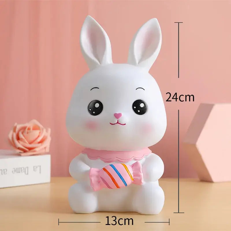 Cute white ceramic bunny piggy bank with pink scarf and striped candy money box by decorbites for kids bedroom decor