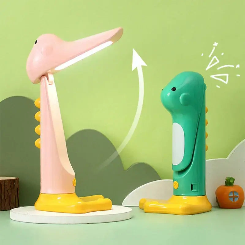Cute dinosaur led pink and teal dinosaur-shaped desk lamps with yellow feet and spines for bedroom study use