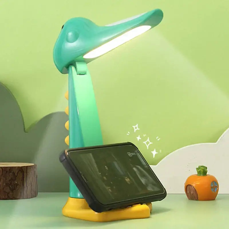 Teal dinosaur led night light with yellow base and flexible neck cute dinosaur led for children’s study and reading