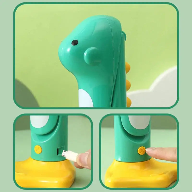 Cute teal and yellow dinosaur led night light handheld projector with white belly patch for bedroom or study use