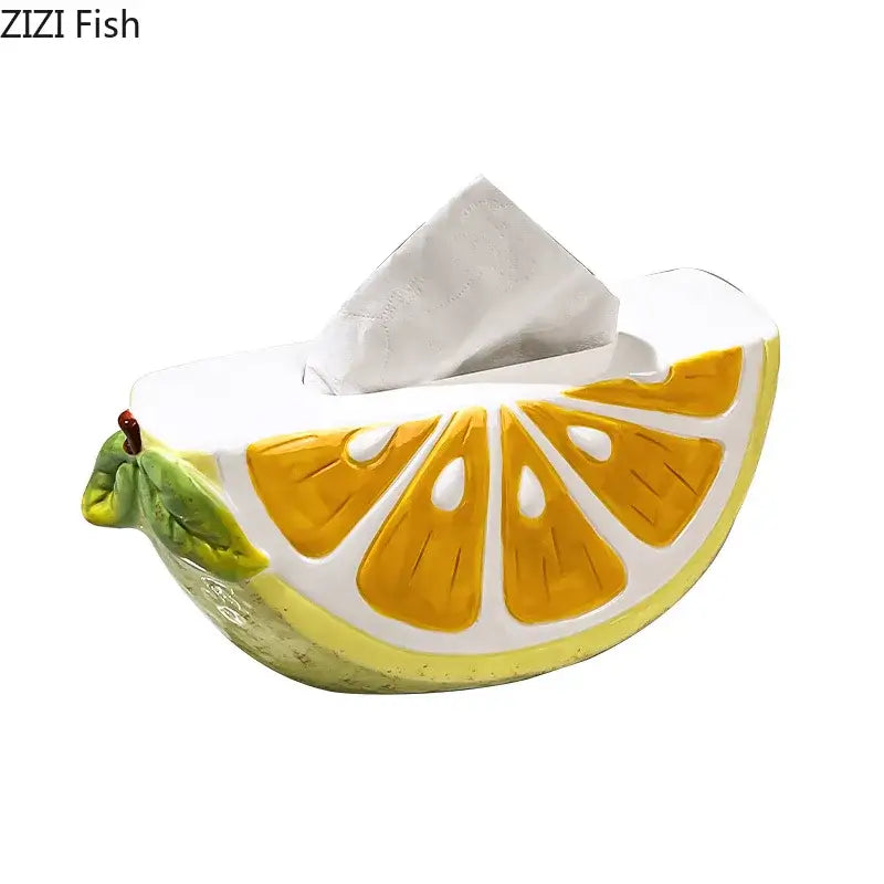 Cute yellow lemon ceramic tissue box with glossy glaze and green leaf decorbites lemon ceramic for bedroom table decor