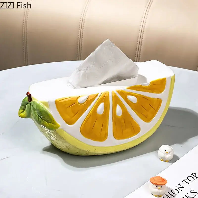 Cute yellow lemon ceramic tissue box holder with white glaze green leaf accent and small red stem for decorbites lemon ceramic use