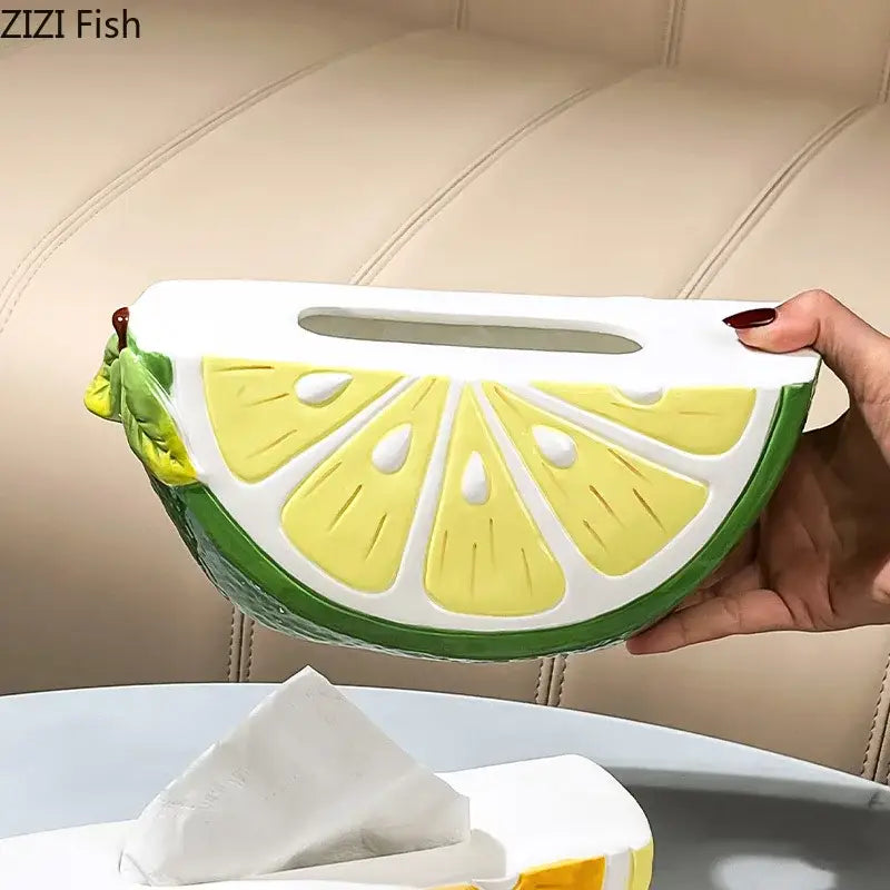 Cute yellow lemon ceramic tissue box cover with glossy finish and detailed green rind for bedroom decorbites lemon ceramic decor