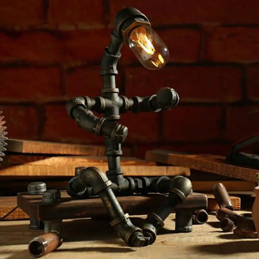 Cyberpunk Iron Pipe Robot Nightstand Lamp - Single-Bulb Brass/Copper Light for Boys' Room