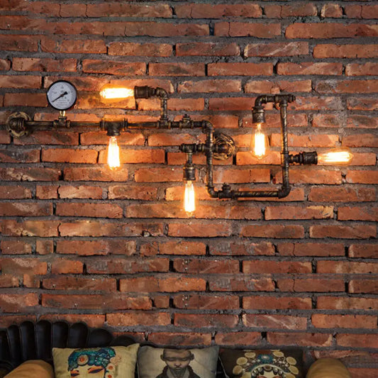 Cyberpunk Metallic Rust Wall Sconce with Bare Bulb Design – Piping Restaurant Wall Lamp"