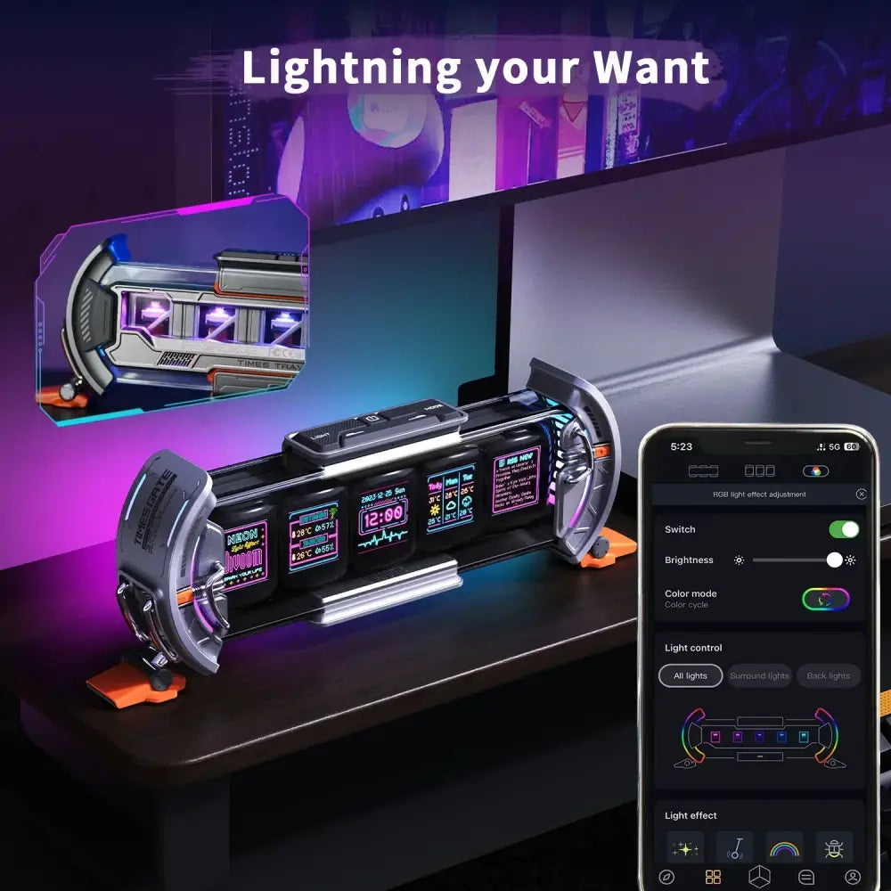 Futuristic black and silver rgb LED pixel art clock with digital time and temperature display for cyberpunk pixel art decorbites bedroom decor