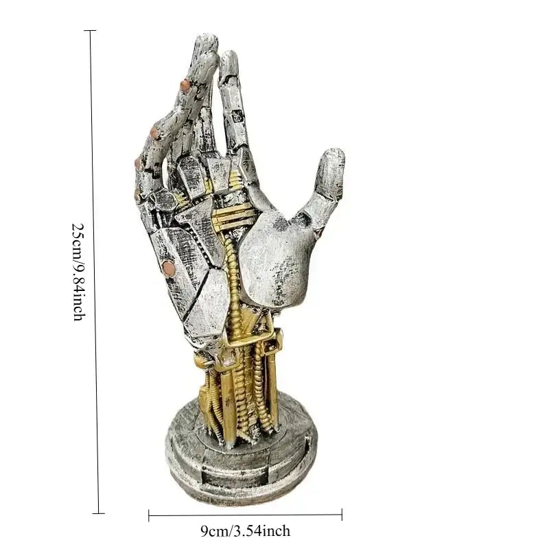 Detailed weathered silver and gold mechanical arm desktop stand with exposed components cyberpunk decorbites mechanical