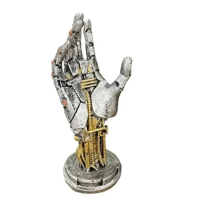 Weathered silver and gold mechanical arm desktop stand with exposed joints and wires for decorbites cyberpunk mechanical decor