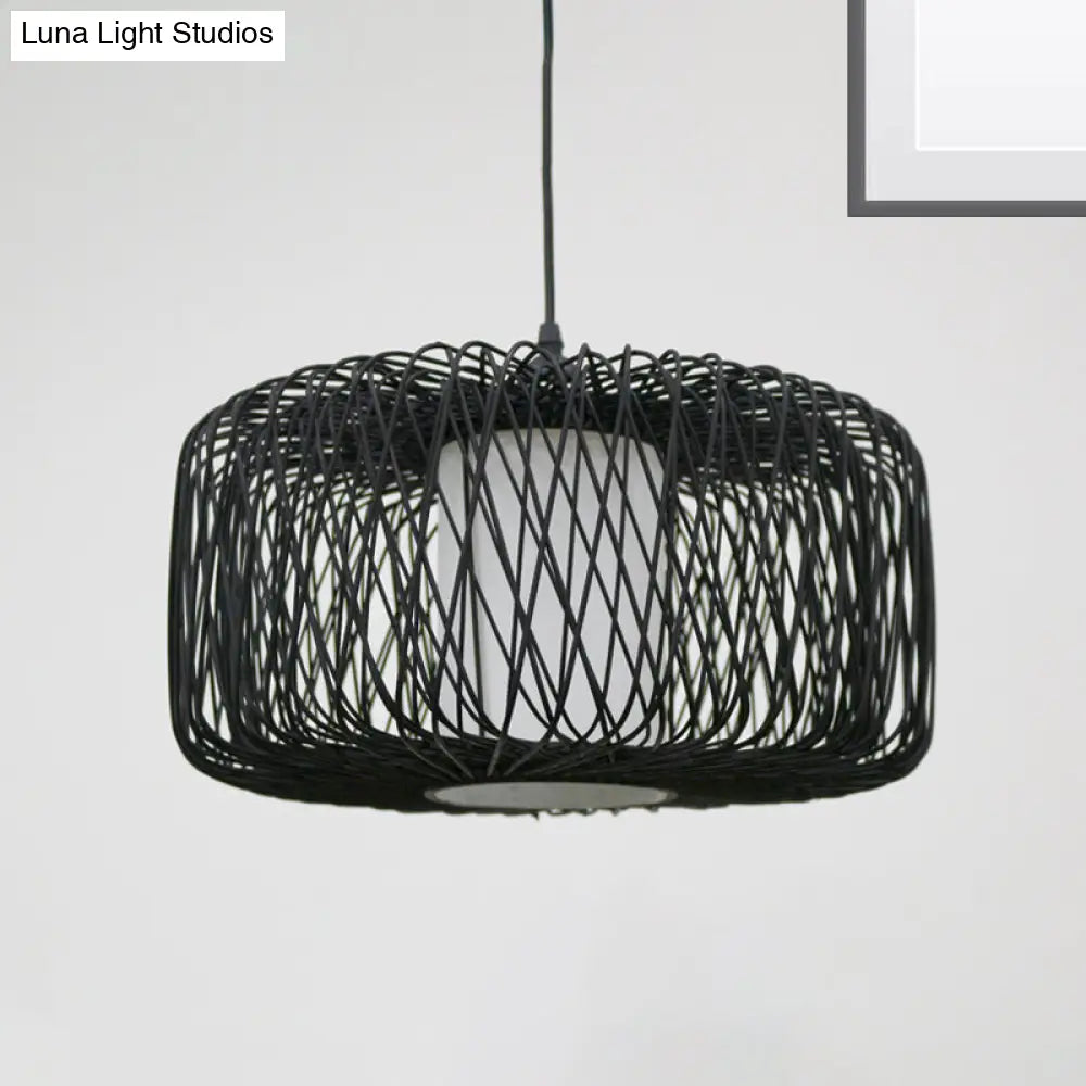 Cylinder Bamboo Suspension Pendant Light Kit - Contemporary Design, Black/Wood Finish, 1 Bulb - 16"/23.5" Wide