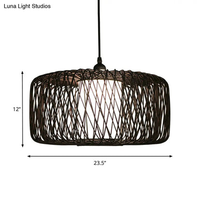 Cylinder Bamboo Suspension Pendant Light Kit - Contemporary Design, Black/Wood Finish, 1 Bulb - 16"/23.5" Wide