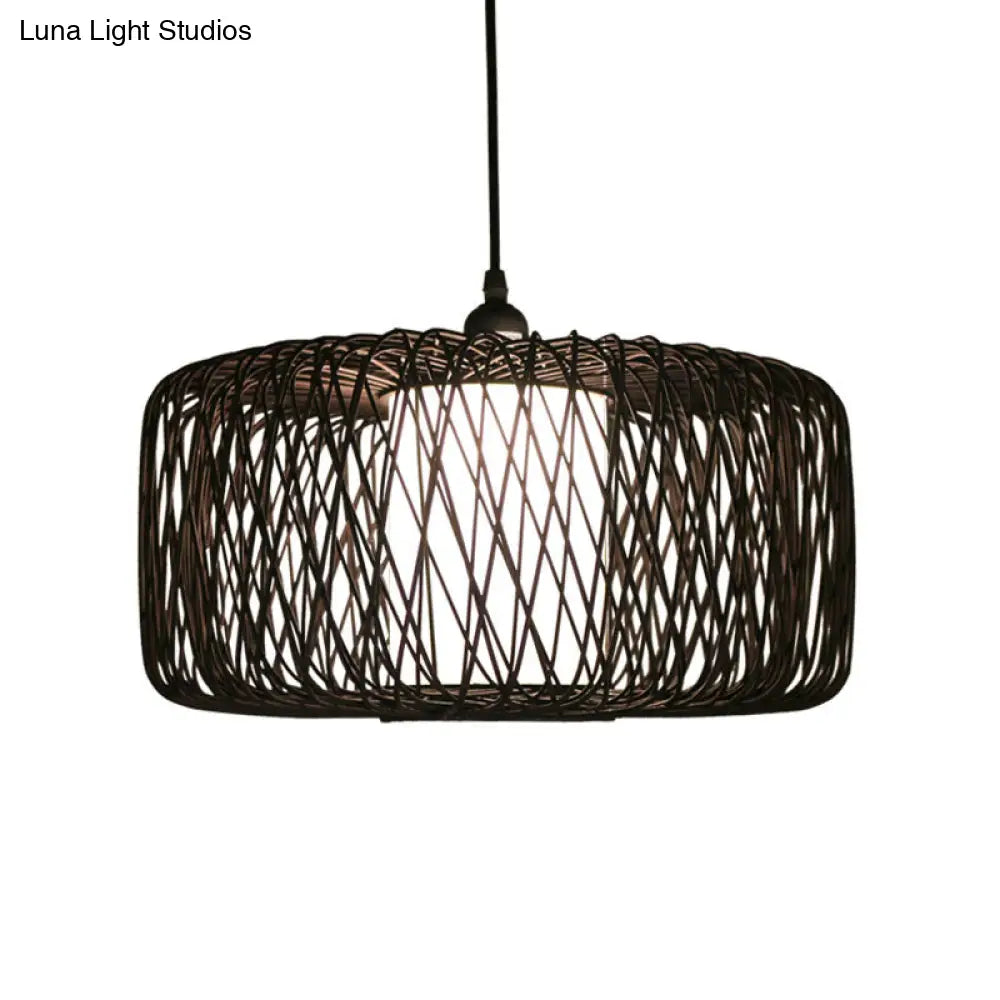 Cylinder Bamboo Suspension Pendant Light Kit - Contemporary Design, Black/Wood Finish, 1 Bulb - 16"/23.5" Wide