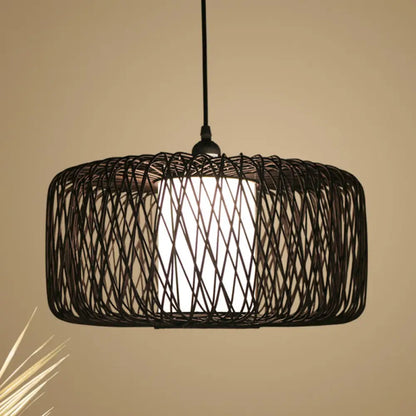 Cylinder Bamboo Suspension Pendant Light Kit - Contemporary Design, Black/Wood Finish, 1 Bulb - 16"/23.5" Wide