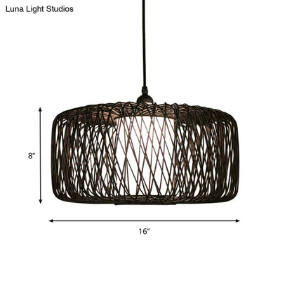 Cylinder Bamboo Suspension Pendant Light Kit - Contemporary Design, Black/Wood Finish, 1 Bulb - 16"/23.5" Wide