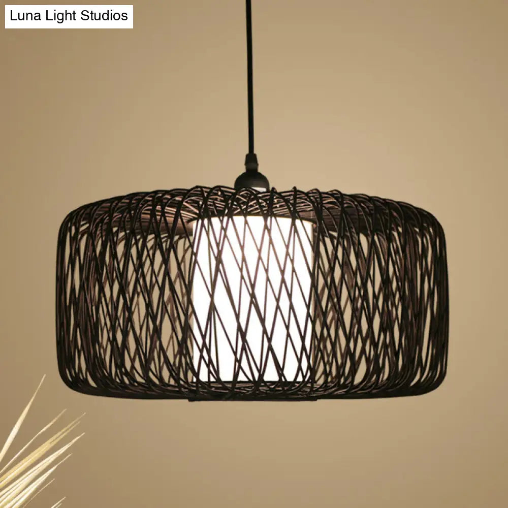 Cylinder Bamboo Suspension Pendant Light Kit - Contemporary Design, Black/Wood Finish, 1 Bulb - 16"/23.5" Wide