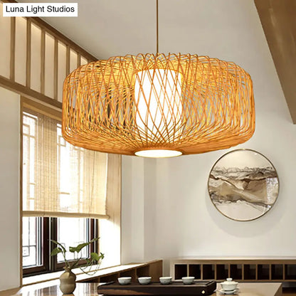 Cylinder Bamboo Suspension Pendant Light Kit - Contemporary Design, Black/Wood Finish, 1 Bulb - 16"/23.5" Wide