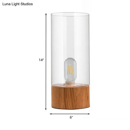 مصباح مكتب أسطواني لغرفة النوم - ضوء قراءة LED زجاجي شفاف بقاعدة خشبية